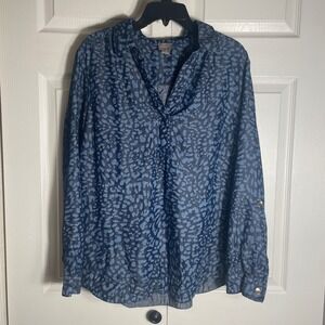 Chicos Shirt Womens 3/XL Blue Animal Print Tunic Roll Tab Sleeve Collared Blouse